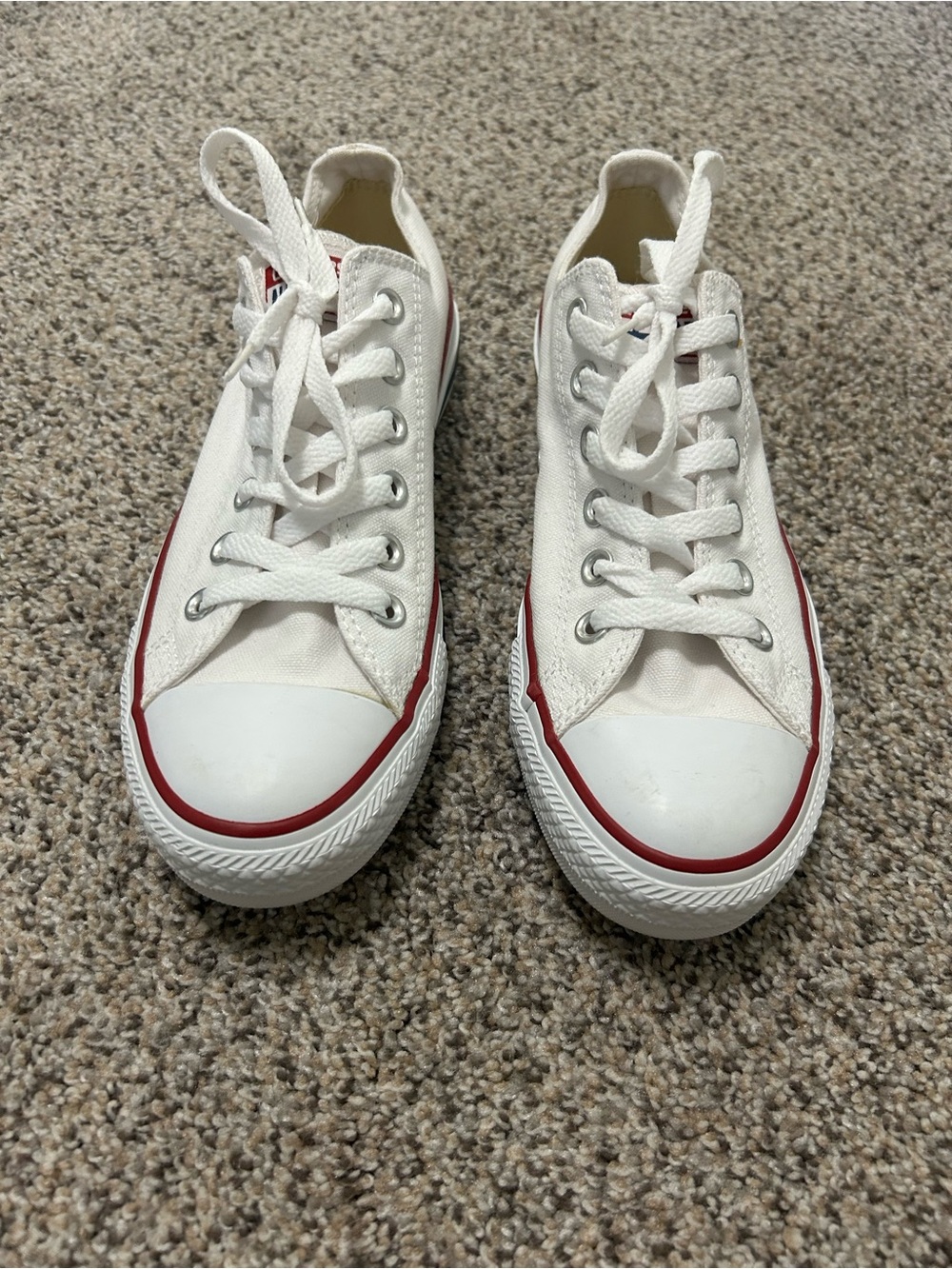 Womens White Canvas Low-Top Sneakers with Red Trim